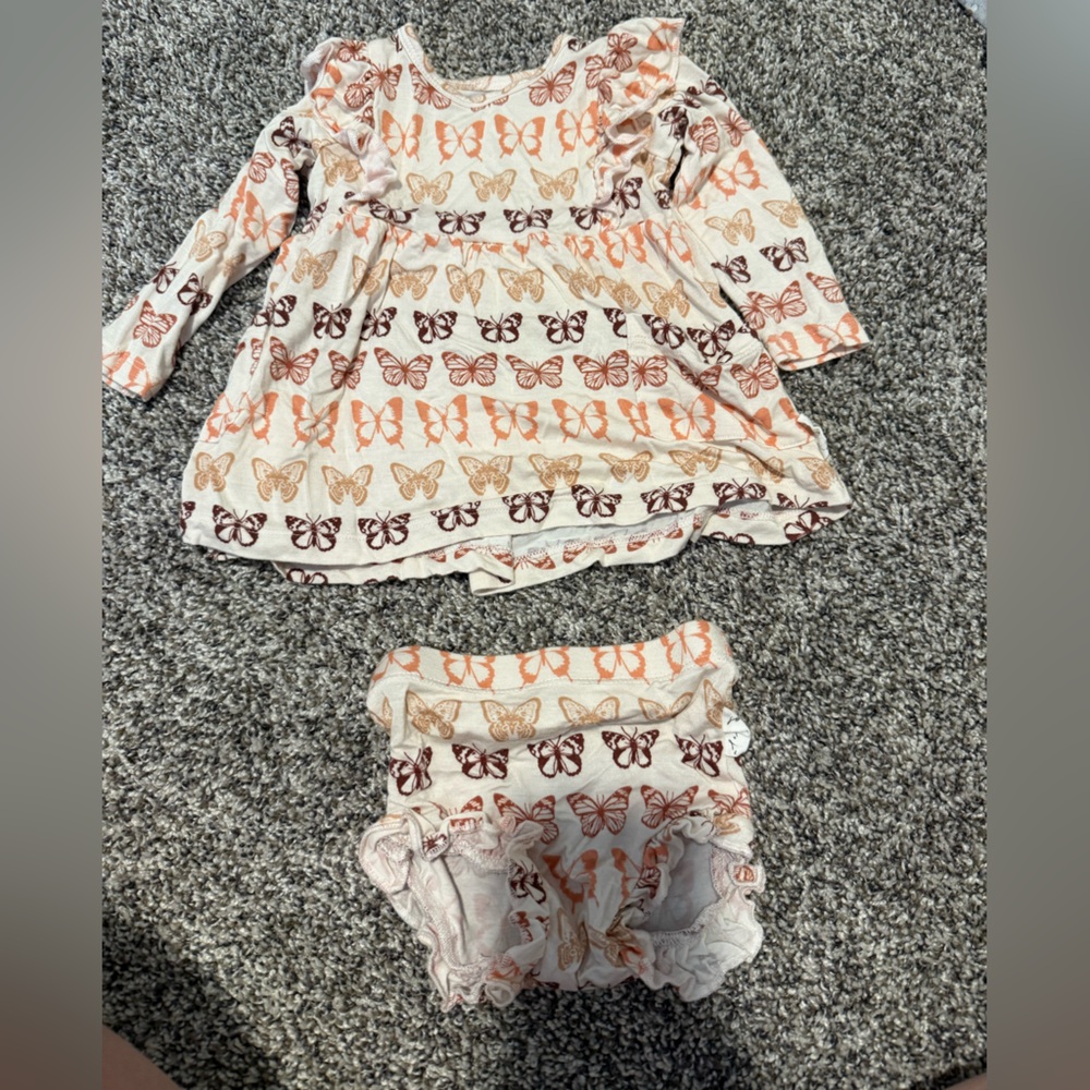 Cream Butterfly Print Girls Matching Top and Bloomer Set